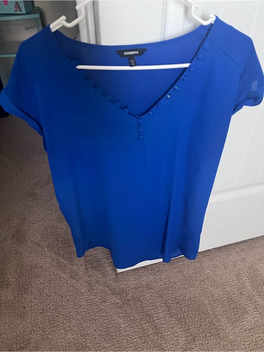 Express Women's Cobalt V-Neck Short Sleeve Blouse with Button Trim